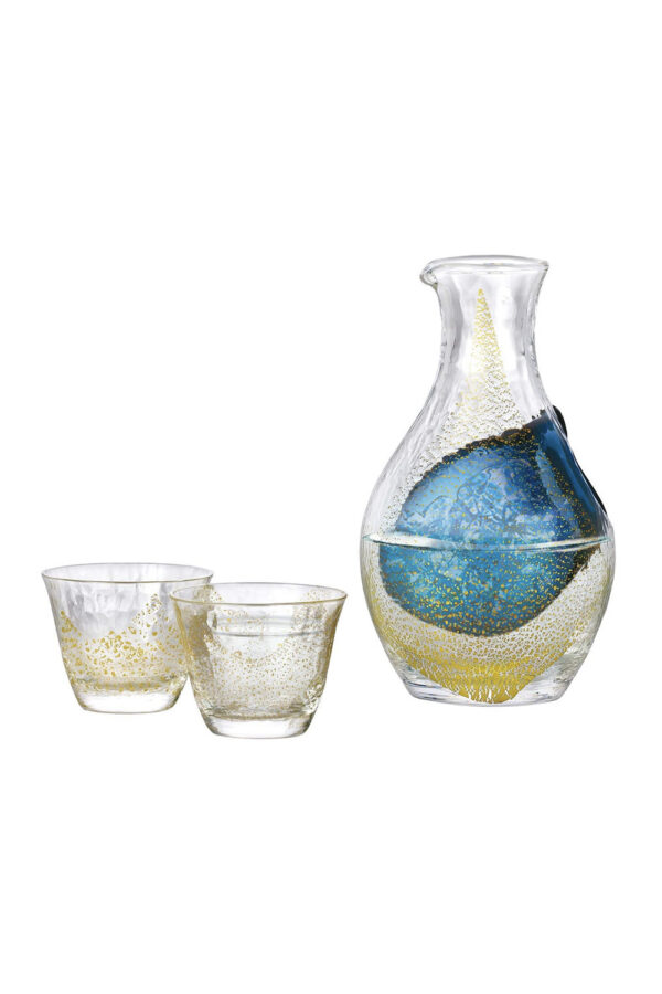 Golden Blue Ice Pocket Sake Carafe and Two Cup Set Golden Blue Ice Pocket Sake Carafe and Two Cup Set